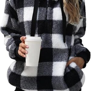 Nirovien Womens Sherpa Pullover Oversized Fuzzy Hoodie Double Fleece Sweatshirts Fluffy Plaid Outerwear Warm Coats