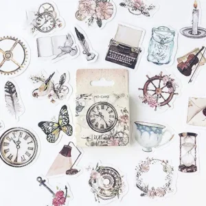 Small Retro Style Paper Stickers, 46pcs Doraking Boxed DIY Decoration Vintage Stickers for Laptop, Planners, Scrapbook, Suitcase(Old Days, 46pcs/ Box)