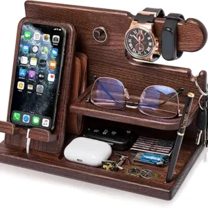 TESLYAR Wood Phone Docking Station for Men - Desk Accessories & Workspace Organizer - Nightstand Organizer - Birthday Gifts for Men or Dad - Idea for Anniversary - Key Holder - Stand Watch (Brown)